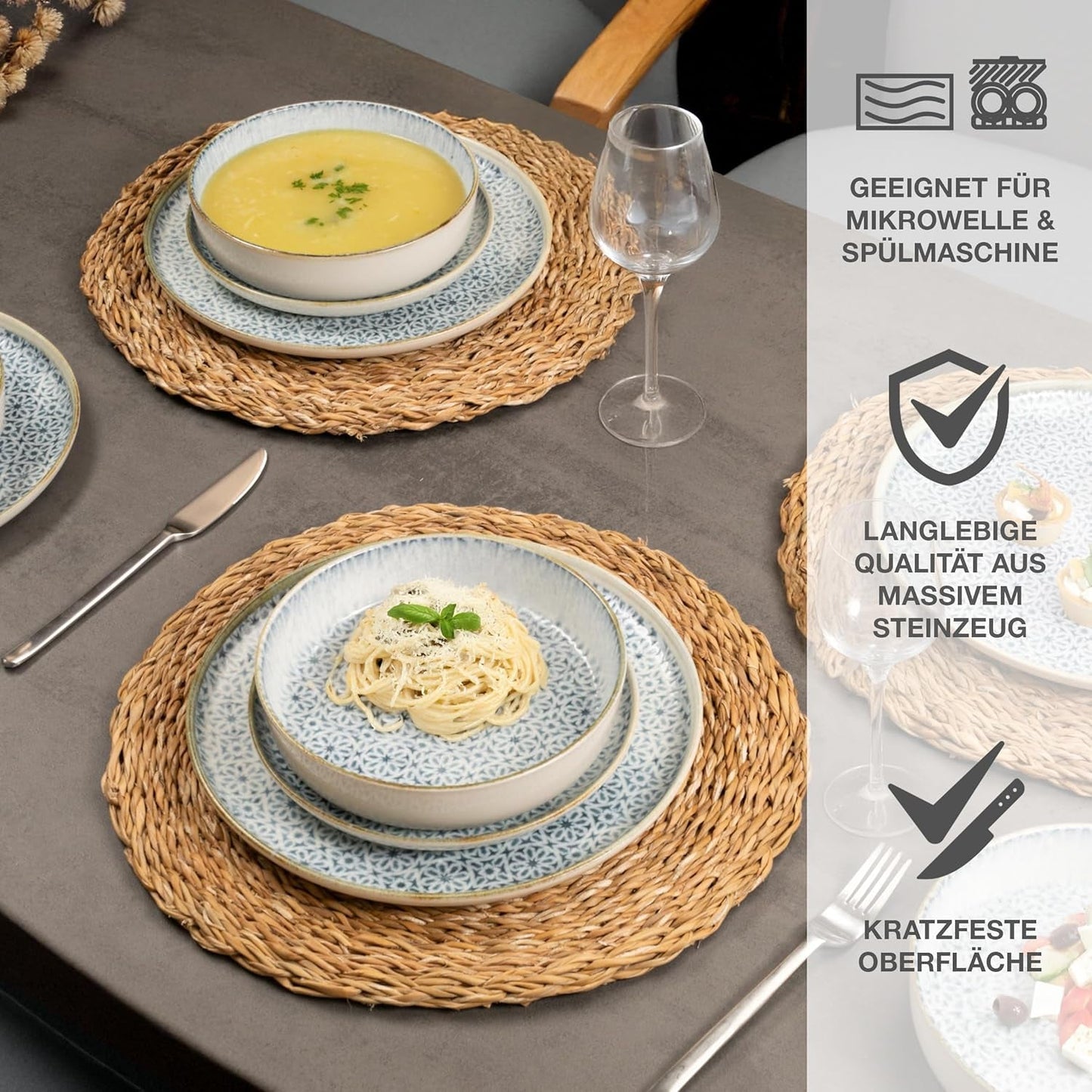 Moritz & Moritz ALHAMBRA Spisesæt til 6, 18 stykker, porcelæn af høj kvalitet - Moderne blåt porcelæn - Nemt at vedligeholde sæt med 6 middagstallerkener, 6 desserttallerkener og 6 skåle