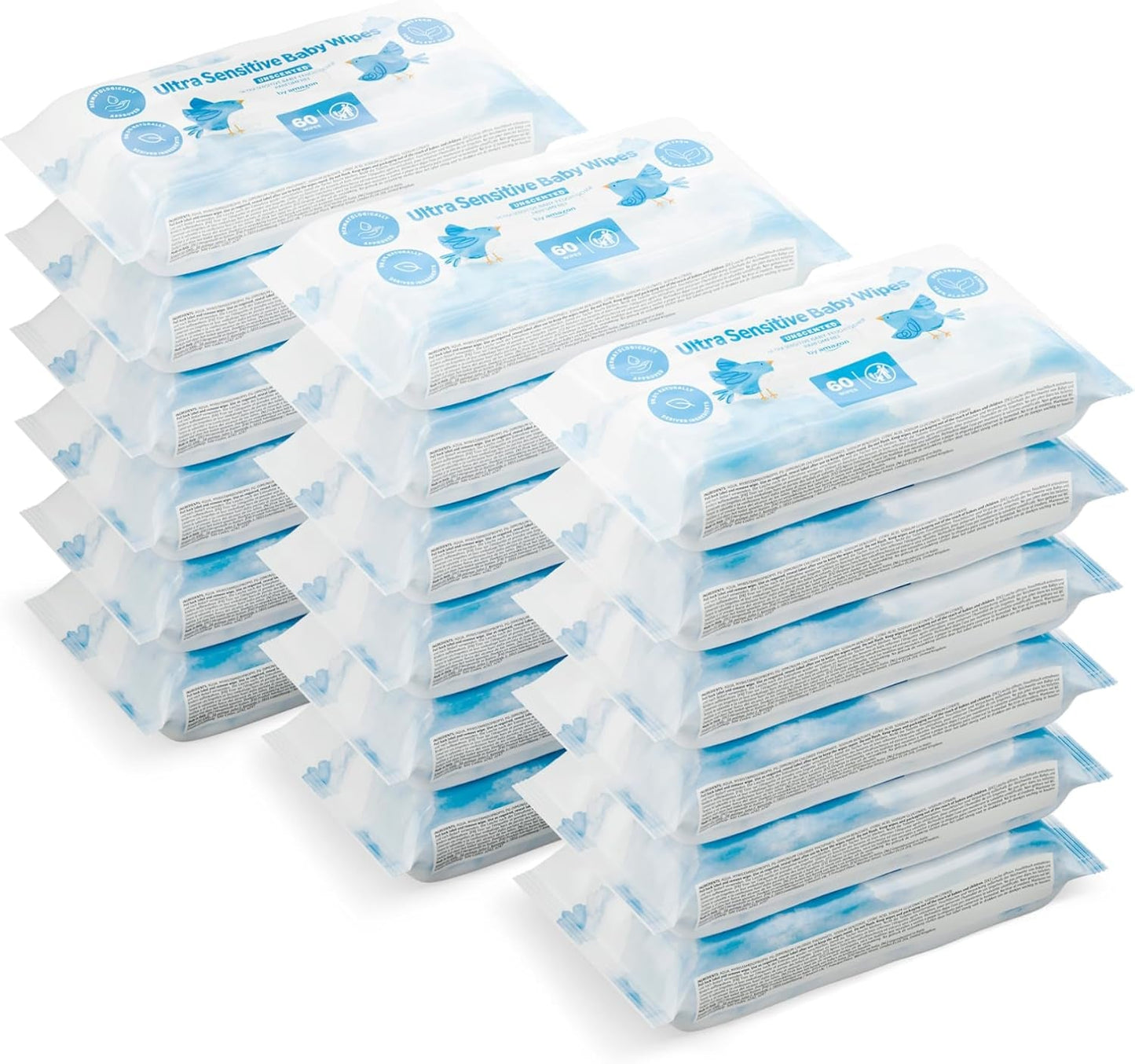 Amazon Ultra Sensitive babyservietter, 1080 servietter, uparfumerede, 18 pakke med 60 servietter (tidligere Amazon-mærke, identisk produkt)