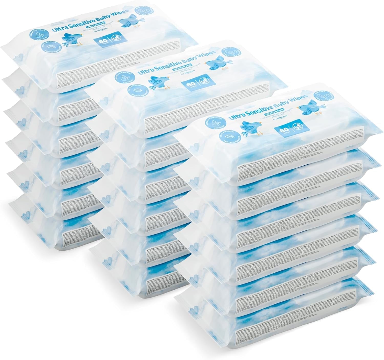 Amazon Ultra Sensitive babyservietter, 1080 servietter, uparfumerede, 18 pakke med 60 servietter (tidligere Amazon-mærke, identisk produkt)