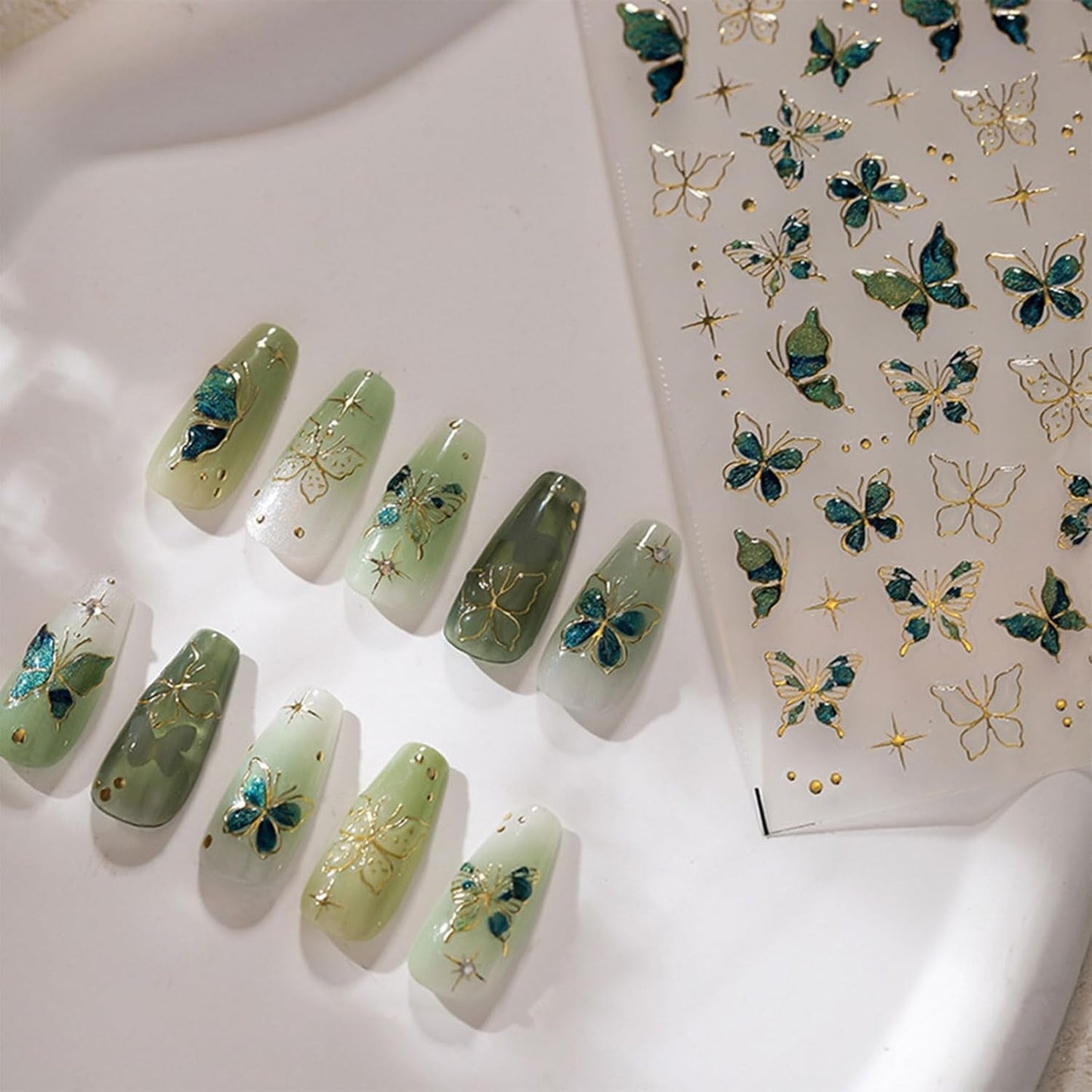 JMEOWIO 3D Nagelsticker Grün Gold Schmetterling Nail Art Sticker Selbstklebend Nagelaufkleber 5D Stereoskopisk Dekoration Nageldesign Tilbehør 1 Blatt