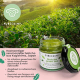 Purechimp Matcha-pulver af ceremoniel kvalitet 50 g. 100% ren skyggedyrket tepulver til lattes, infusioner og opskrifter. Genanvendelig krukke. Rig på antioxidanter.