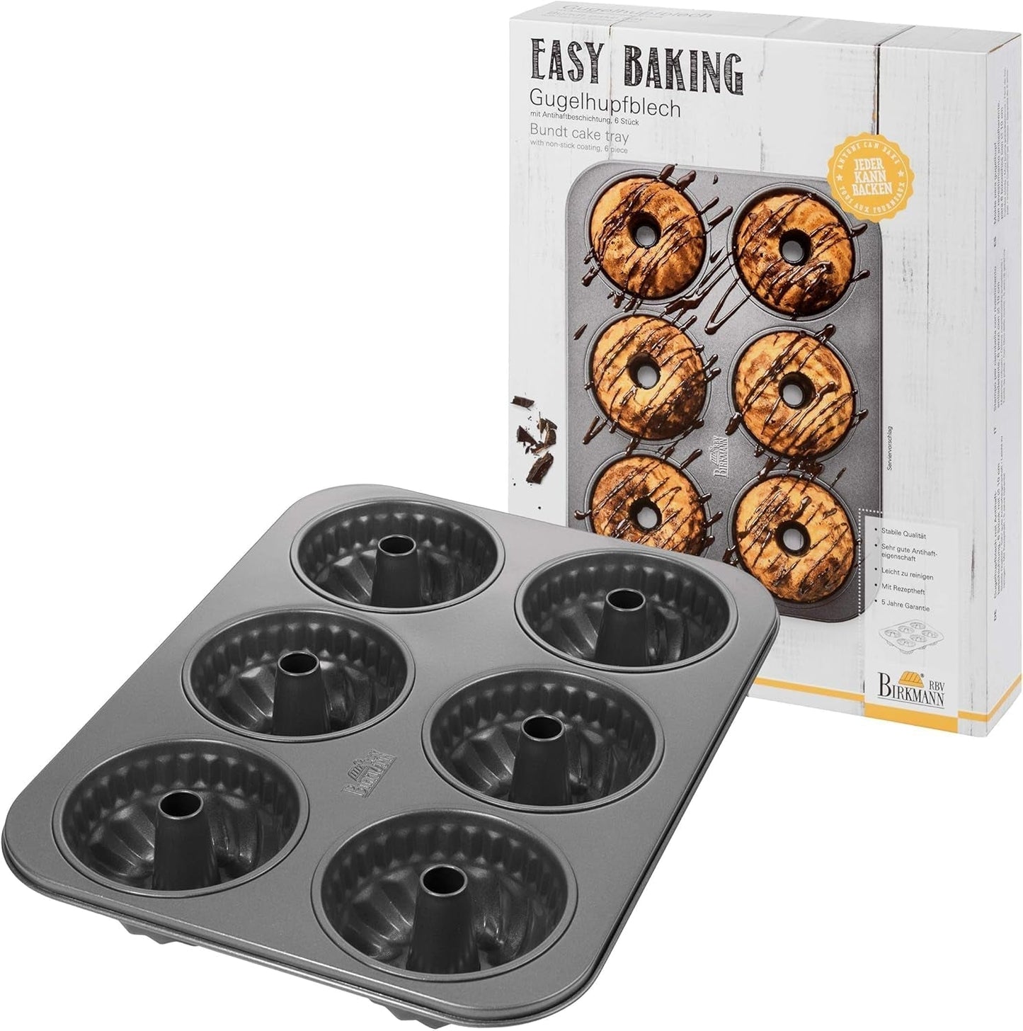Birkmann, Easy Baking, Donutblech, Backform Für 6 Donuts, Mit Hochwertiger Antihaftbeschichtung, Ø 9 Cm, Mit Rezept, 881631 Forme og bageplader Naty Shop 6Er Gugelhupfform