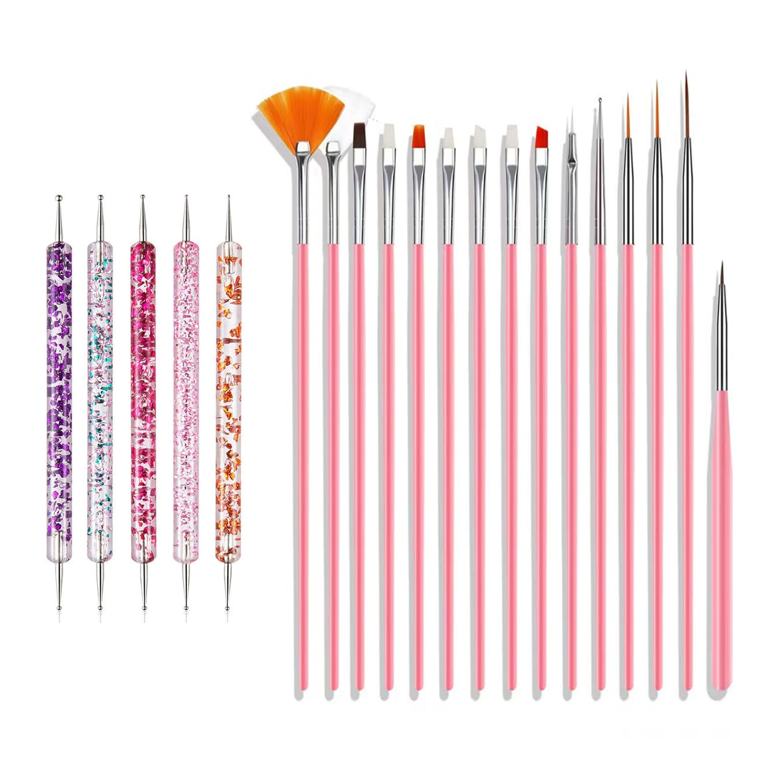 Nail Art Pinsel Sæt, 20 stk Nageldesign Malerei Pinsel, Professionelle Nail Art Design Pinsel, Nail Fine Liner Pinsel, Pink