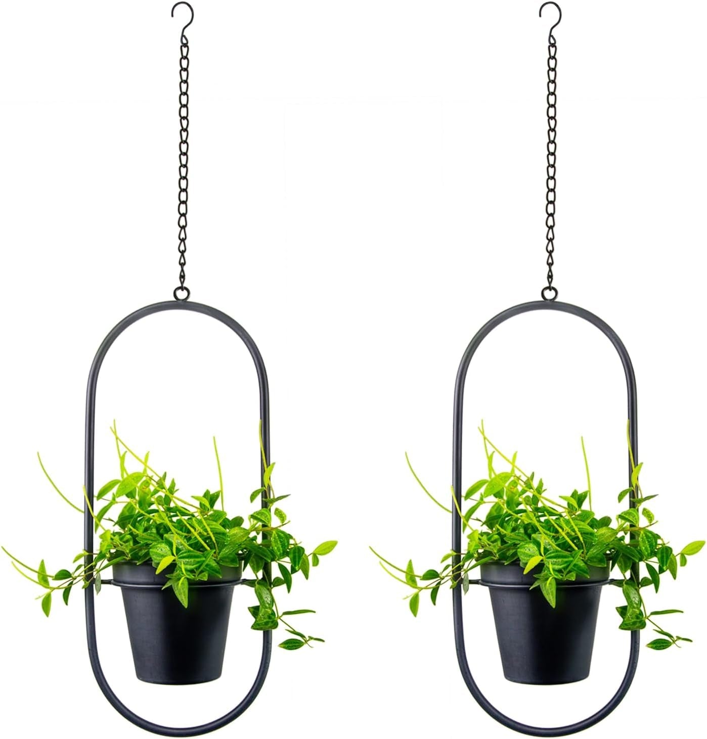 Hængende metal urtepotter 2 stk Sort oval geometrisk planteophæng med krukker Moderne væg- og loftskrukker Indendørs Udendørs 15,2 cm urtepotter 2 stk.