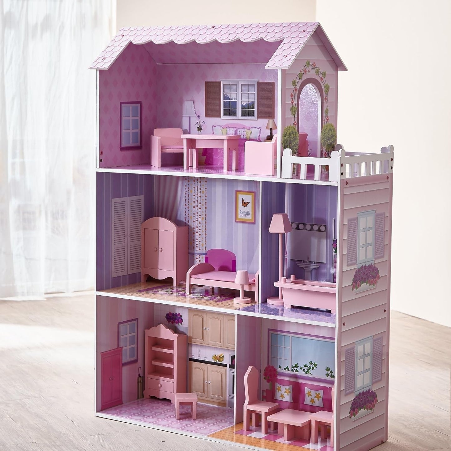 Olivia's Small World Giant Dukkehus, stort trædukkehus med møbler og tilbehør, 3-etagers dukkehus til børn, dukkehus til 12" dukker, 3 år + Naty Shop dukkehuse