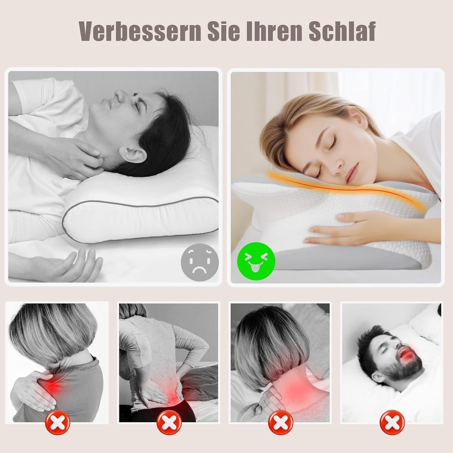 Nakkepude Ortopædisk Hovedpude Memory Foam Pude Side Impact Pude - Ergonomisk design Hul form til side, ryg og abdominal stød lysegrå cervikal ortopædiske puder Naty Shop