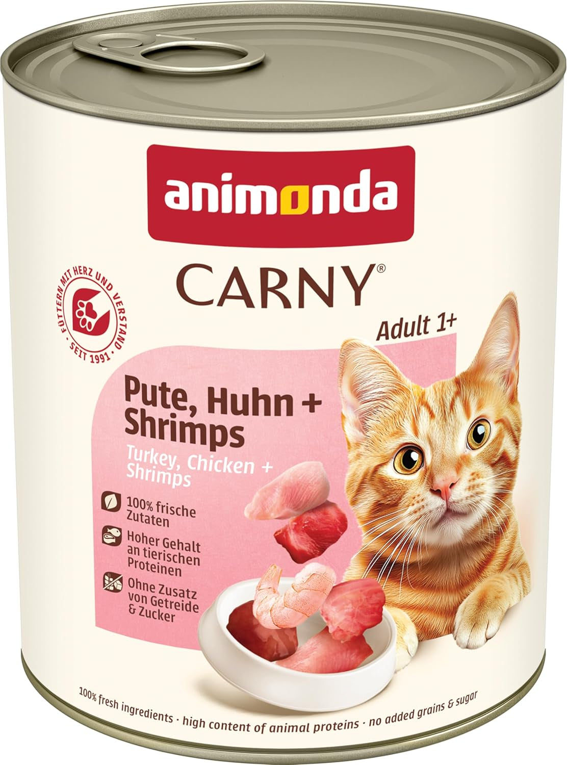 Animonda Carny våd kattefoder kalkun + kylling + rejer (6 x 800 g), kornfri, sukkerfri vådfoder med friske kødingredienser