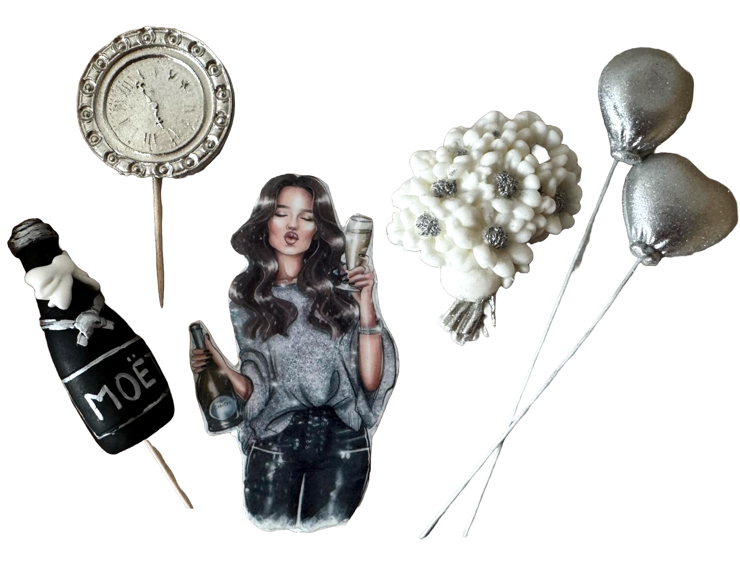 Sæt med 6 spiselige dekorationer fra sukkerpasta, Beautiful Lady, Festpynt fra Naty Shop Sugar Paste