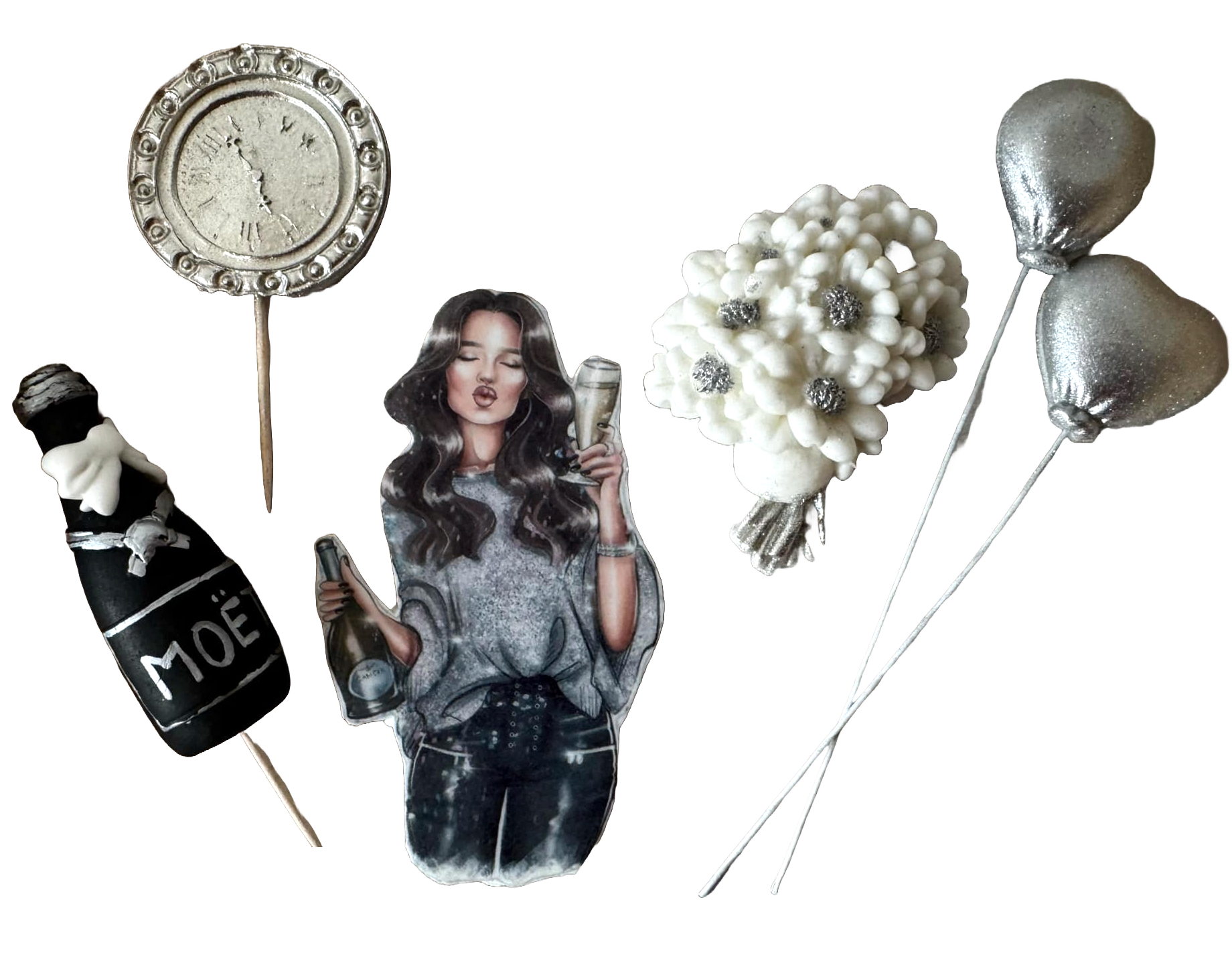 Sæt med 6 spiselige dekorationer fra sukkerpasta, Beautiful Lady, Festpynt fra Naty Shop Sugar Paste