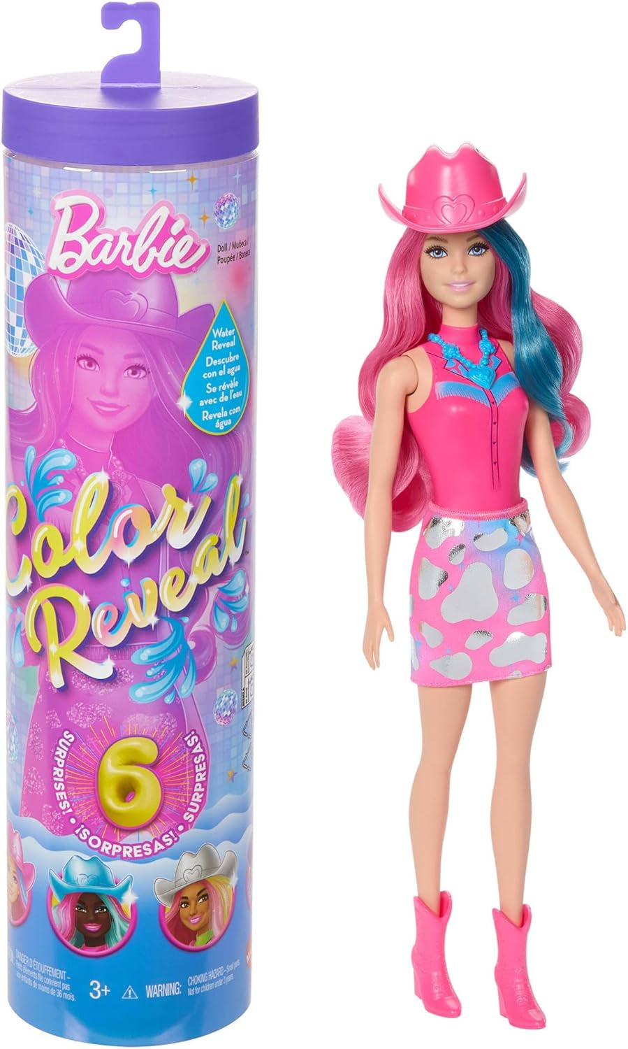 Barbie Color Reveal Dukke og tilbehør med 6 overraskelser, Disco Star Series med metallisk glitter og farveskiftende top (stile kan variere), JCP01, 32 cm