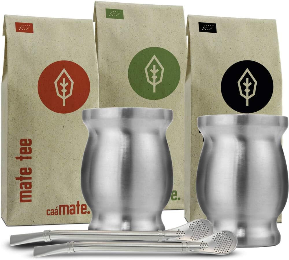 Mate Bio Tesæt ● 3 samlinger af Mate + 2 dobbeltvæggede rustfri stålkopper + 2 bombillaer + tilberedningsinstruktioner (sort)