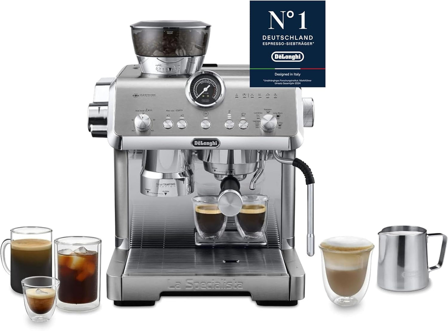 De'Longhi La Specialista Arte EC9155.MB portafilter espressomaskine med kværn, 8 maleindstillinger, 15 bar tryk, 3 temperaturindstillinger, mælkeskummer, 1550W, 1,7L tank, rustfrit stål/sort, inklusive barista kit