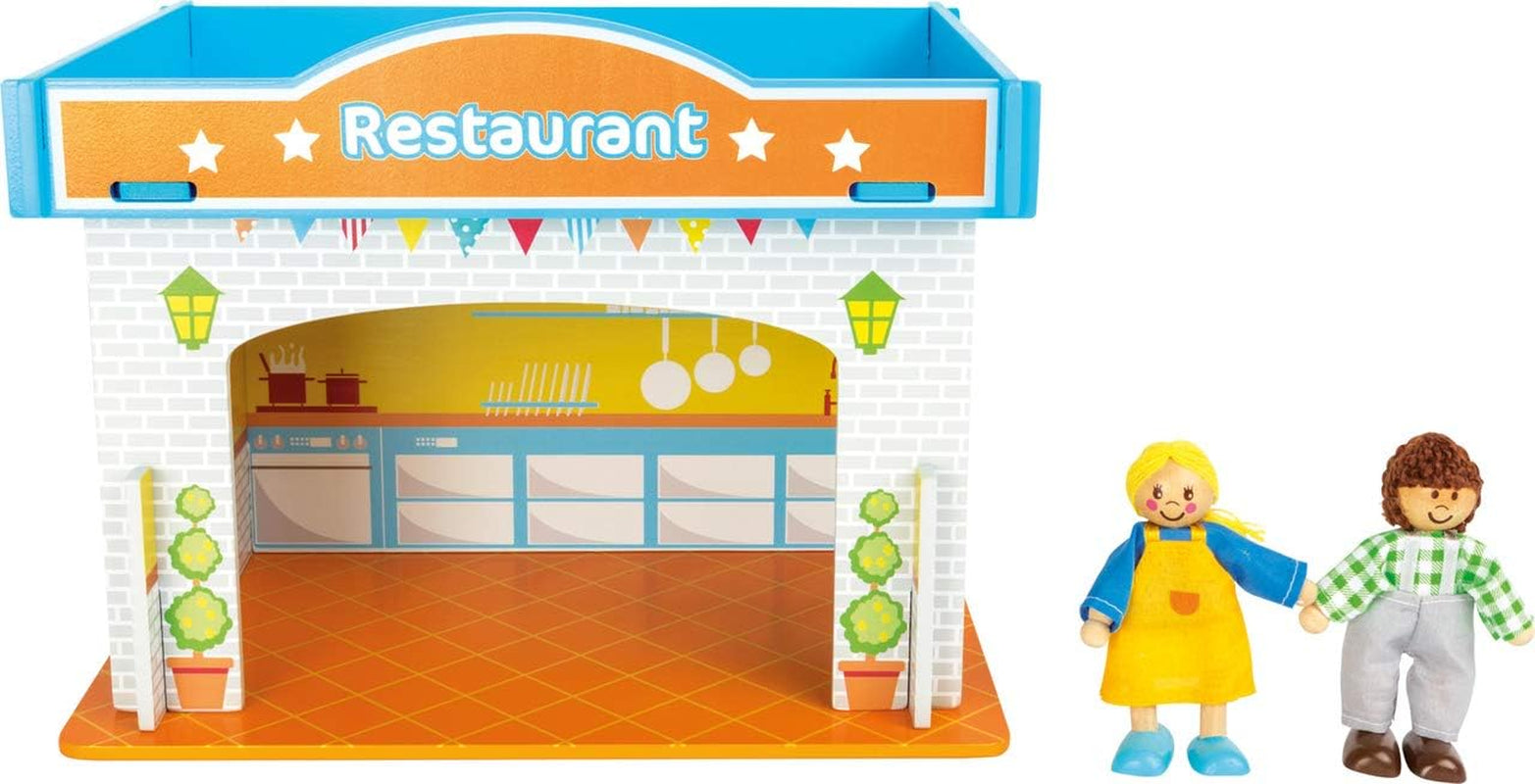 Small Foot 10852 Legehus Restaurant Lavet af træ, Med 2 dukkefigurer, tilbehør og aftageligt tag, Fra 3 år Naty Shop Dukkehuse
