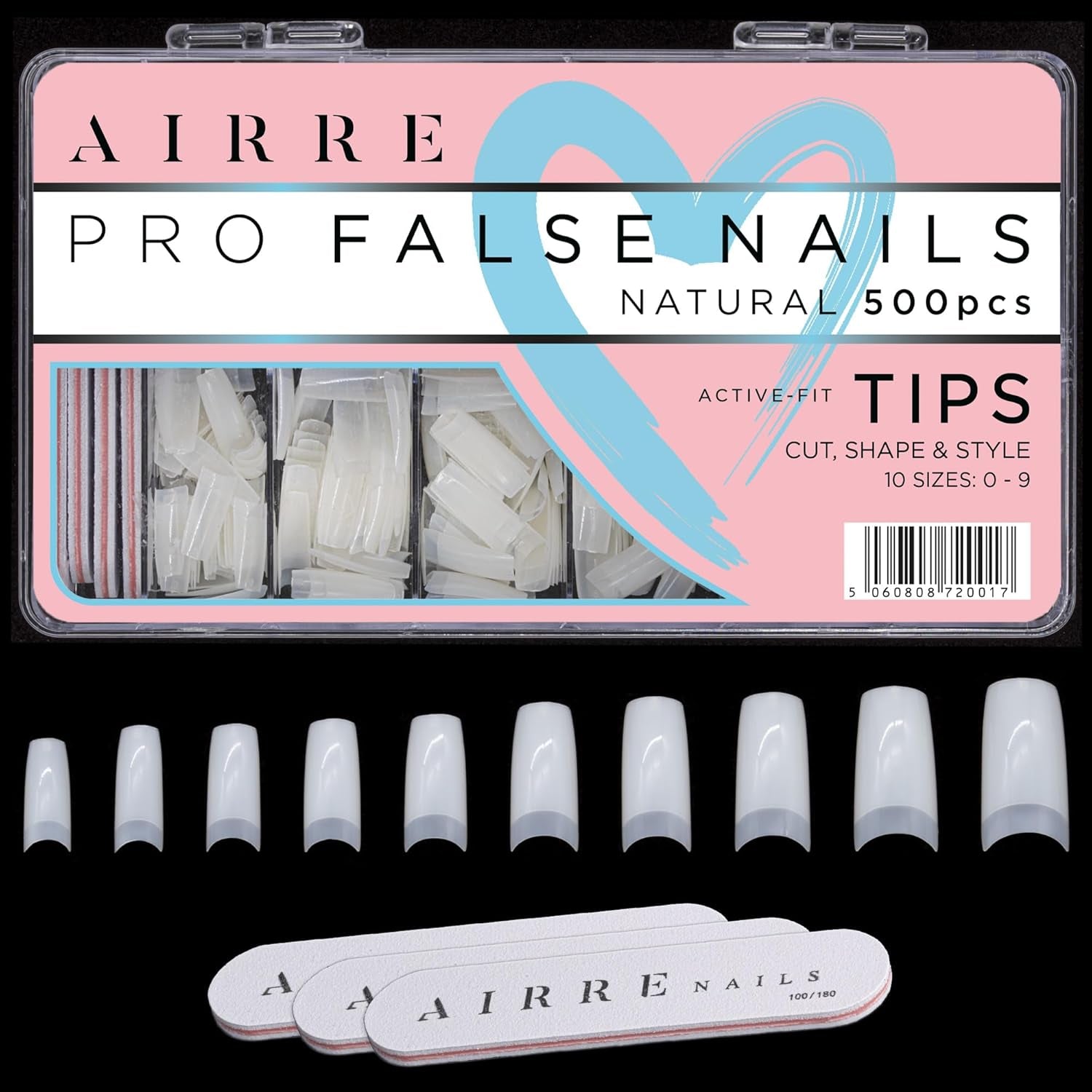 AIRRE 500 Professional Gel-negle & 3 filer pr. æske - (10 størrelser) Franske Half Moon falske negle, salon og hjemmebrug, klipning, filning og formning, UV/LED-gel, neglelak og neglekunst (naturlig)