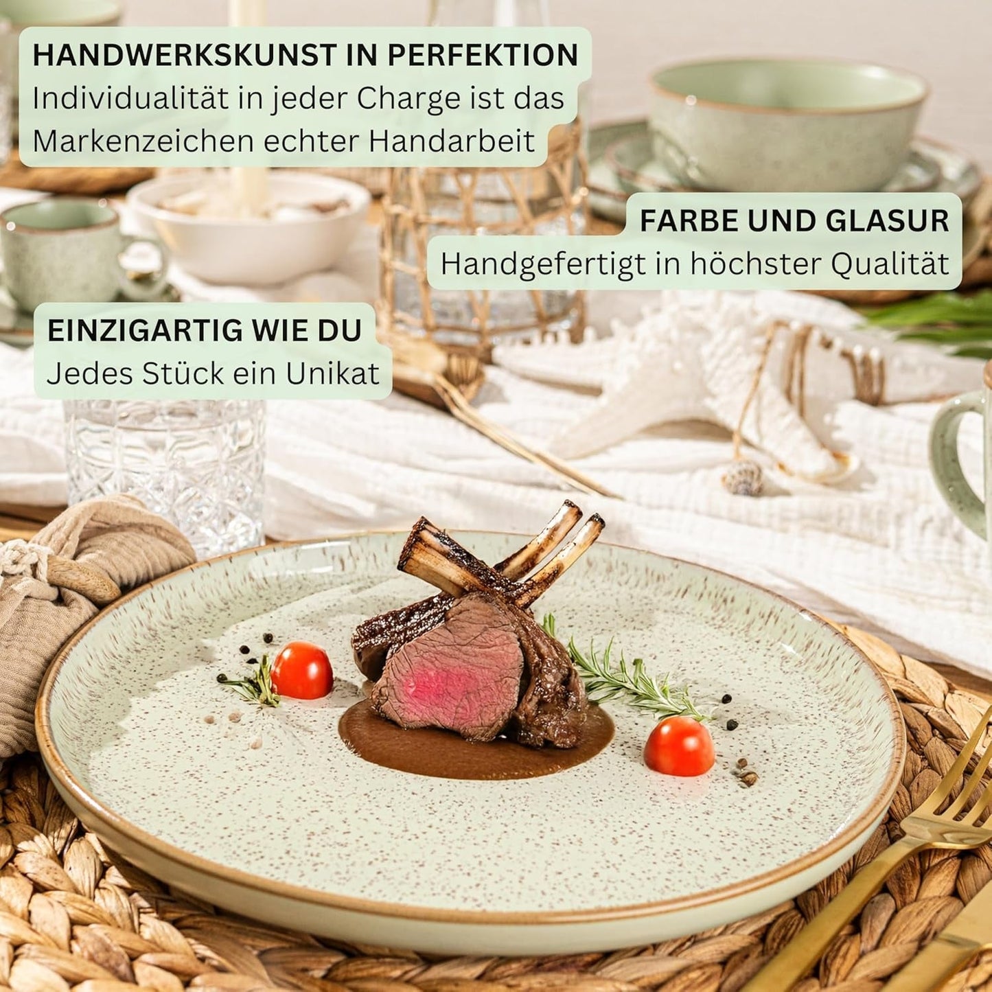 SÄNGER Rio Mint | Stentøjsstel til 6, 6 tallerkener, 6 desserttallerkener, 6 skåle, mintgrøn | VÆRDIINDSAMLING