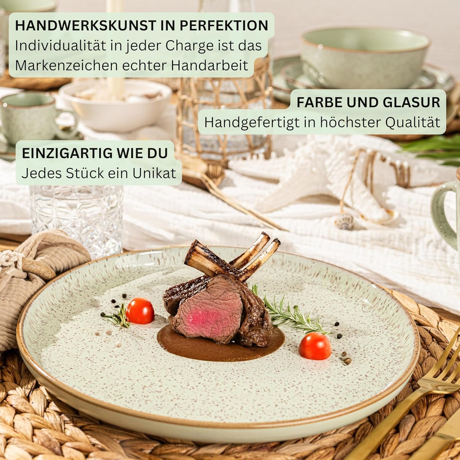 SÄNGER Rio Mint | Stentøjsstel til 6, 6 tallerkener, 6 desserttallerkener, 6 skåle, mintgrøn | VÆRDIINDSAMLING