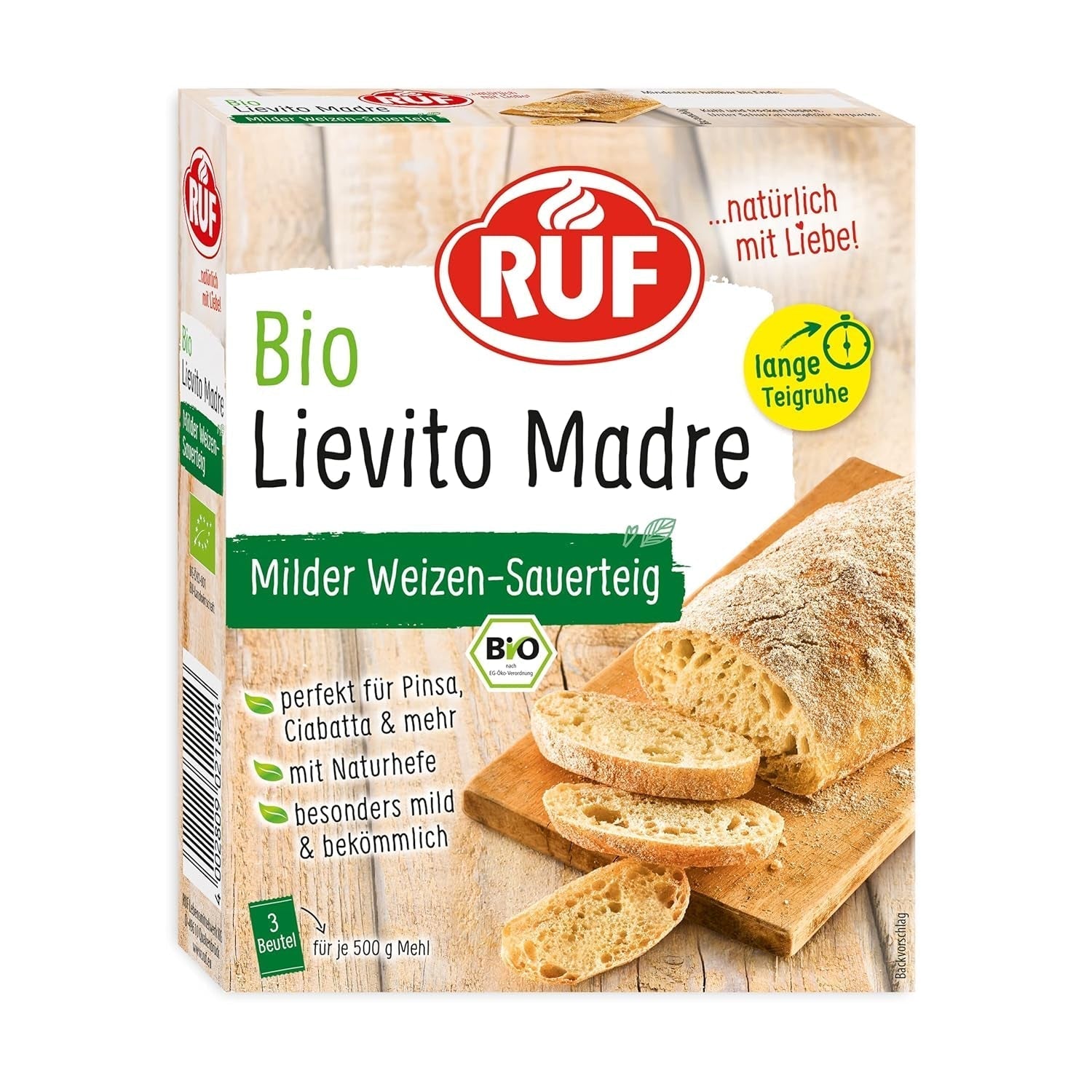 RUF Lievito Madre Sauerteig, Milder Weizen-Sauerteig, Mutterteig, Kurze Teigruhe Durch Enthaltene Trockenhefe, Lievito Madre Getrocknet Für Brot, Baguette, Focaccia, 3X35G Blanding til bagning og madlavning Naty Shop 105 G (1Er Pack) Lange