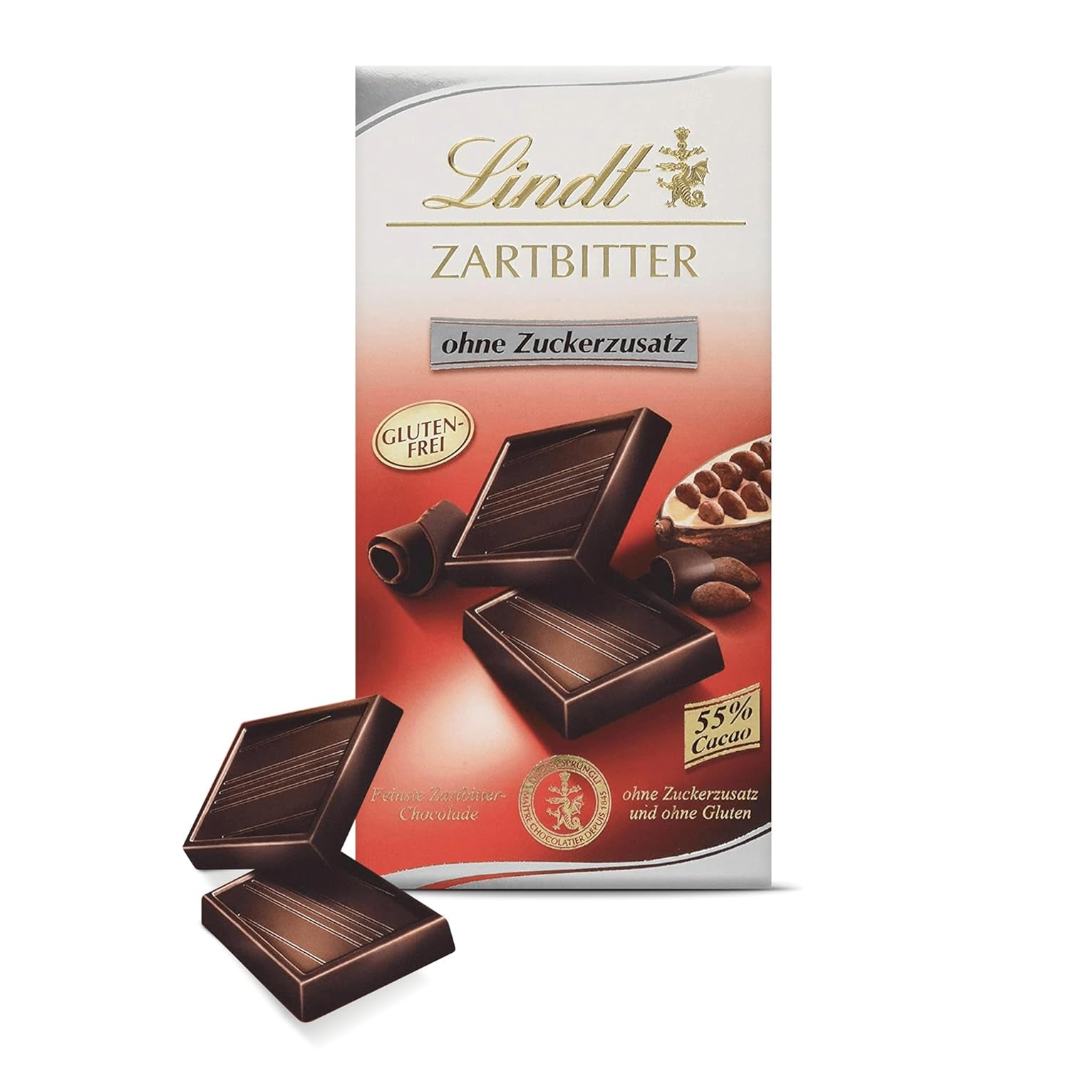 Lindt Chokolade | Mørk chokoladebar uden tilsat sukker | 100 g | Den fineste mørke chokolade med 55% kakao, uden tilsat sukker og ingen gluten | Glutenfri chokoladebar