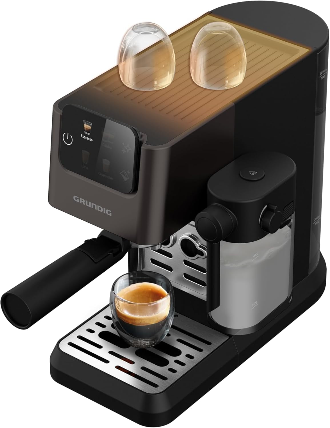 Portafilter espressomaskine GRUNDIG KSM 5330 med integreret mælkebeholder, effekt 1628 W, pumpetryk 15 bar, dobbelt mundstykke, farvetouchdisplay, BrewSense, CreamyPro, Mørk rustfrit stål/Sort
