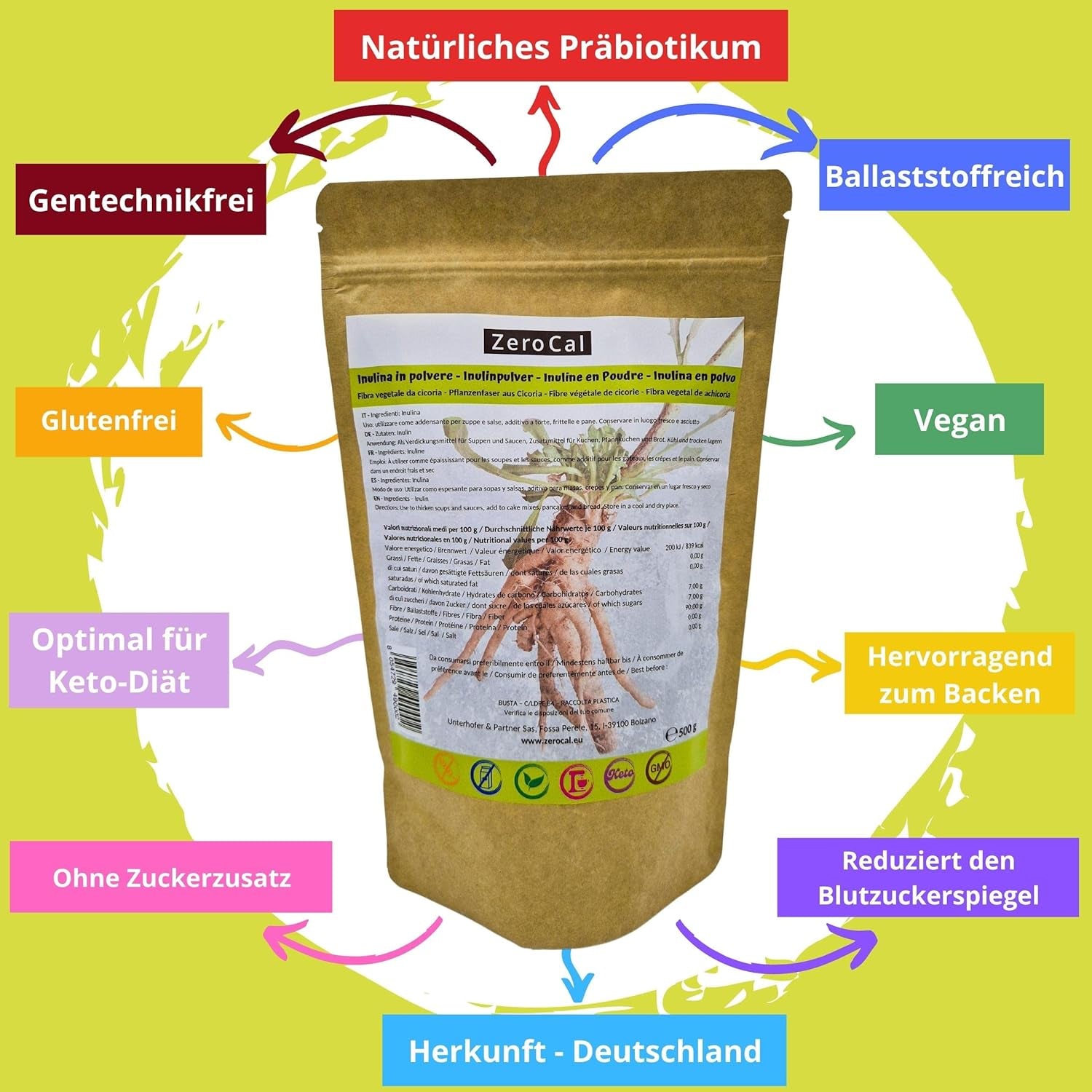Zerocal - Inulinpulver fra cikorie-Wurzel 500 G | Inulin Mit Hohem Ballaststoffgehalt | 100 % vegansk og glutenfri | Herkunft Deutschland Sweeteners Naty Shop