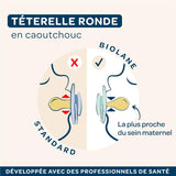 BIOLANE - Rund sut - Ekstra tynd sut - 6+ måneder - Tofarvet grøn - Naturgummisutter - Til oral udvikling - Blød og behagelig