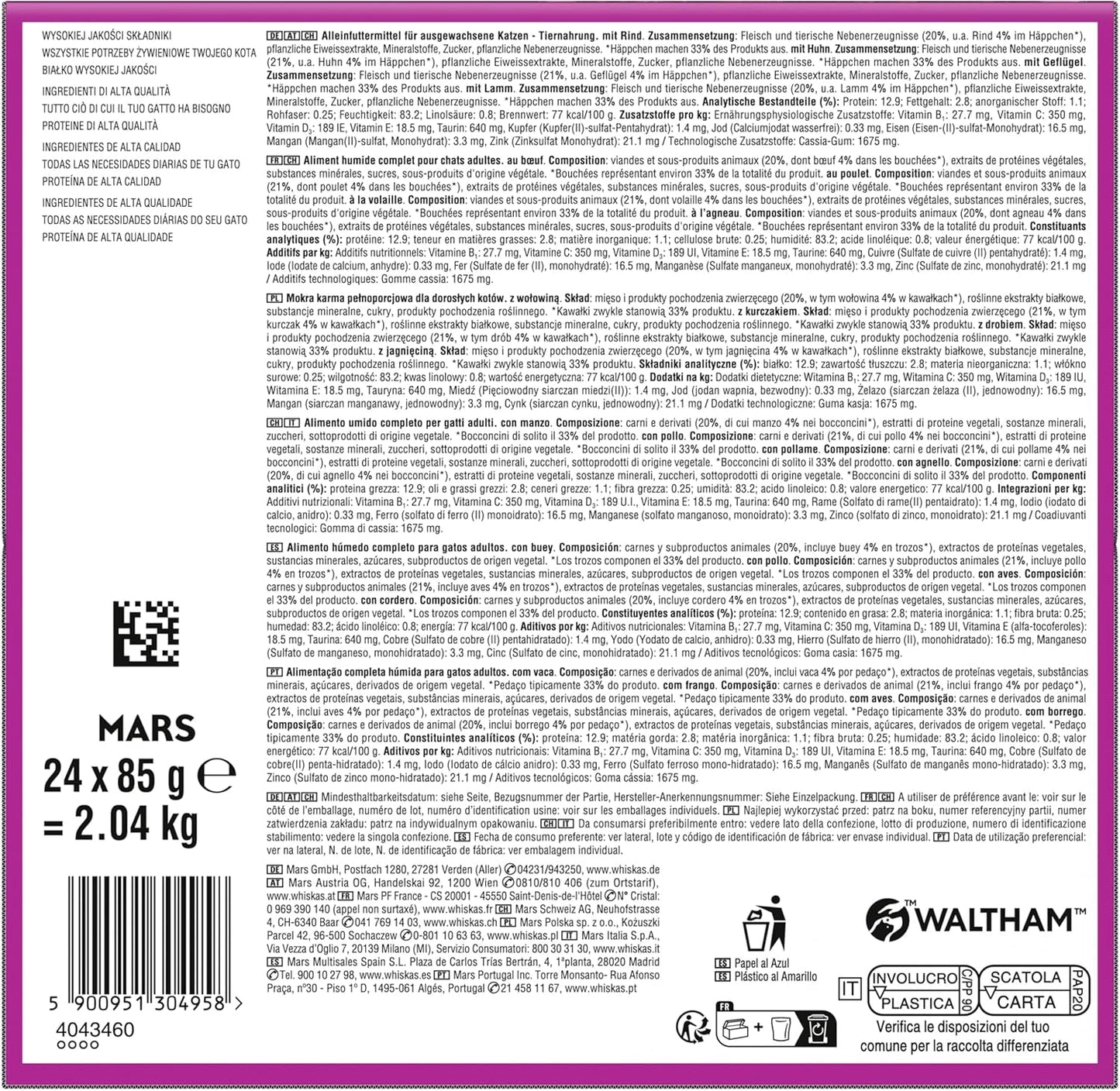 WHISKAS PURE DELIGHT Vådfoder i gelé 24 x 85g Classic Ragout (4 pakker) 48 portionsposer
