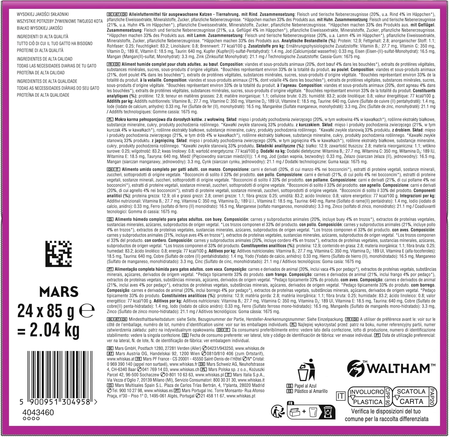 WHISKAS PURE DELIGHT Vådfoder i gelé 24 x 85g Classic Ragout (4 pakker) 48 portionsposer