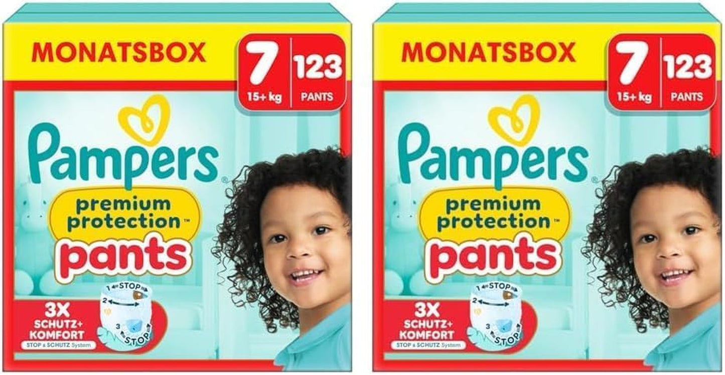 Pampers Premium Protection Pants Str. 7, 123 Bleer, 15 kg+, med 360° justering og bløde anti-lækage manchetter for optimal komfort og beskyttelse
