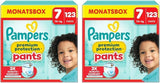 Pampers Premium Protection Pants Str. 7, 123 Bleer, 15 kg+, med 360° justering og bløde anti-lækage manchetter for optimal komfort og beskyttelse