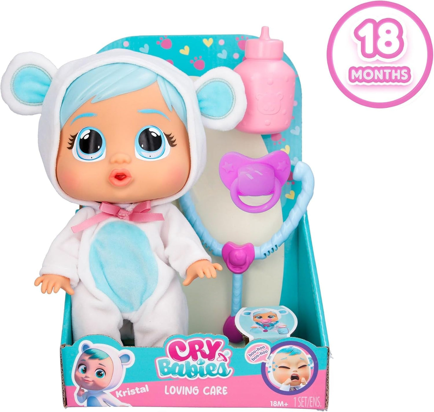 Cry Babies Loving Care Kristal Doll, Kristal Loving Care Baby Doll med 3 tilbehør til lægeleg, sygepleje, Crying with Real Tears, Legetøj i 18 måneder baby