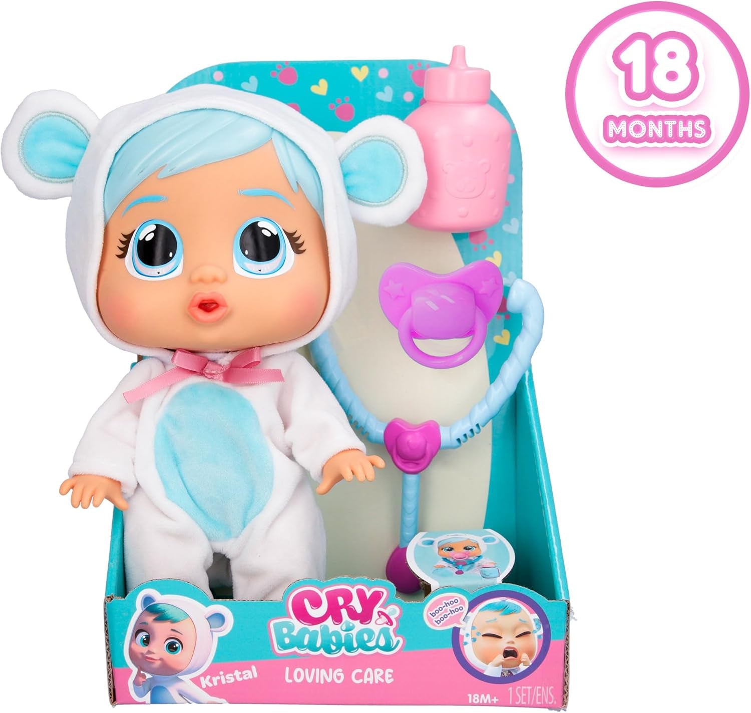 Cry Babies Loving Care Kristal Doll, Kristal Loving Care Baby Doll med 3 tilbehør til lægeleg, sygepleje, Crying with Real Tears, Legetøj i 18 måneder baby