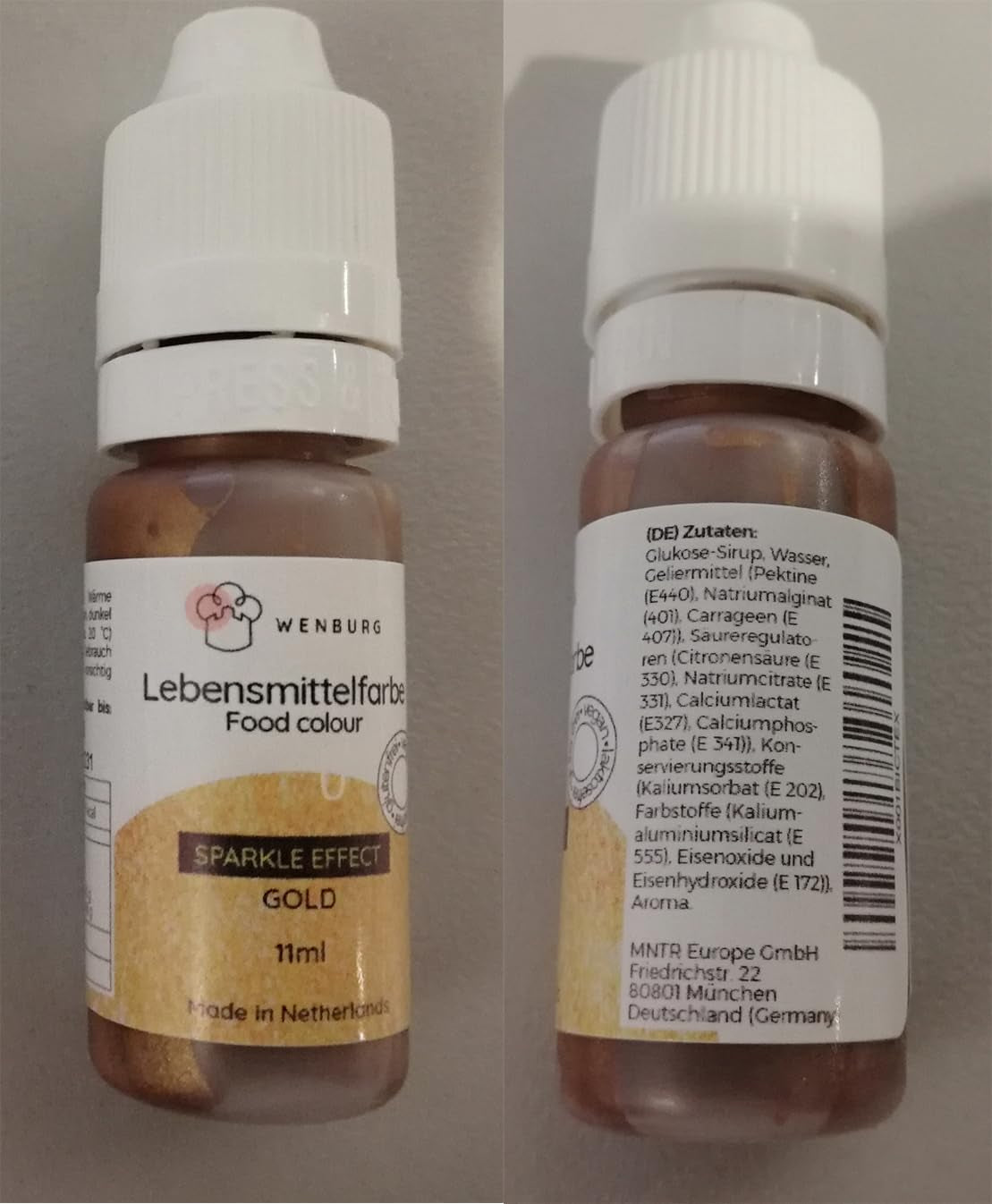 Wenburg madfarve, glitter, 11 ml, koncentreret, fremstillet i EU, flydende. Til farvning af dej, drikkevarer, smagsstoffer, slim - guldglimmer madfarve - guldkagefarvning - guldglimmer
