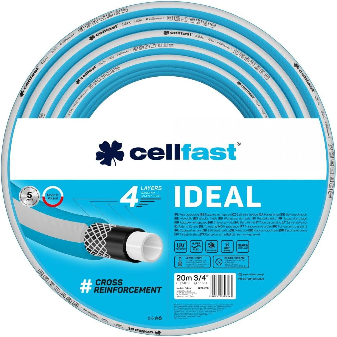 Haveslange Cellfast IDEAL, Holdbar, Fleksibel, 4 lag, Slidstærk krydsfletning, UV- og algebestandig, REACH-teknologi, 27 bar, -20/+60° kortvarig 3/4", 20m
