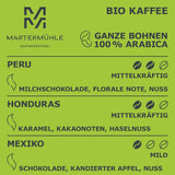 Martermühle økologiske kaffebønner prøvesæt 3x250g let/medium styrke I Arabica I Hele økologiske kaffebønner let ristede, lav surhedsgrad (68/74/426)