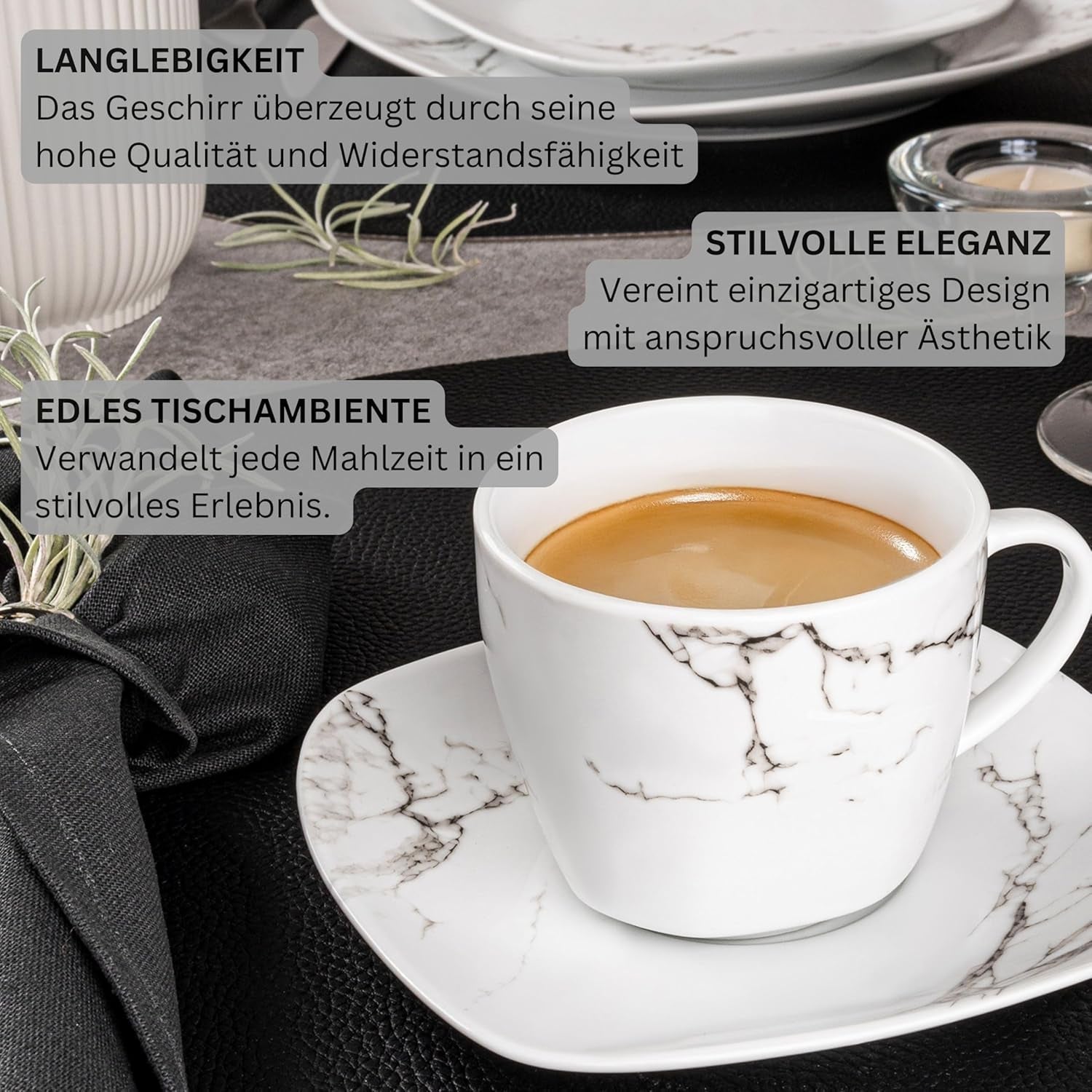SANGER | Bilgola Marmor Combination Sergey Sæt 36-Deles Porcelænssæt til 6 med middagstallerkener, desserttallerkener, suma tallerkener, kornskåle, kaffetallerkener og porcelænsskåle, firkantede | PREMIUM KOLLEKTIONEN