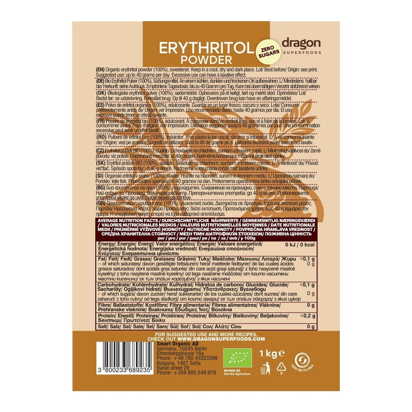 Bio Erythrit - Pulver, 100 % bio, vegansk, null Kalorien-1 kg sødemidler Naty Shop