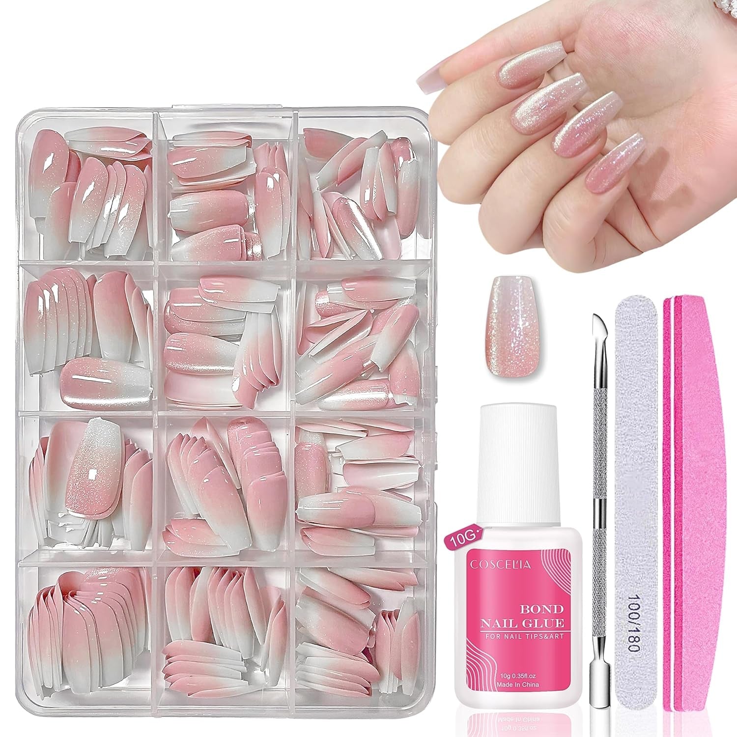Sæt med falske negle - 240 stykker franske falske negle lim på - Pink White Gradient Design Kunstige negle Fuldt dækkende blød gel Naturlig og behagelig at have på (Pink Mandel)