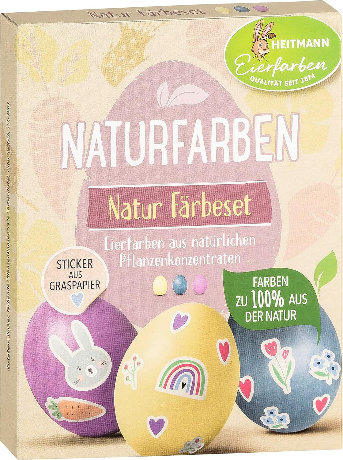 Heitmann Egg Dye Natural Dye Sæt, 3 Egg Dye Pulvere (gul, lilla, grå-blå), græspapir klistermærkeark