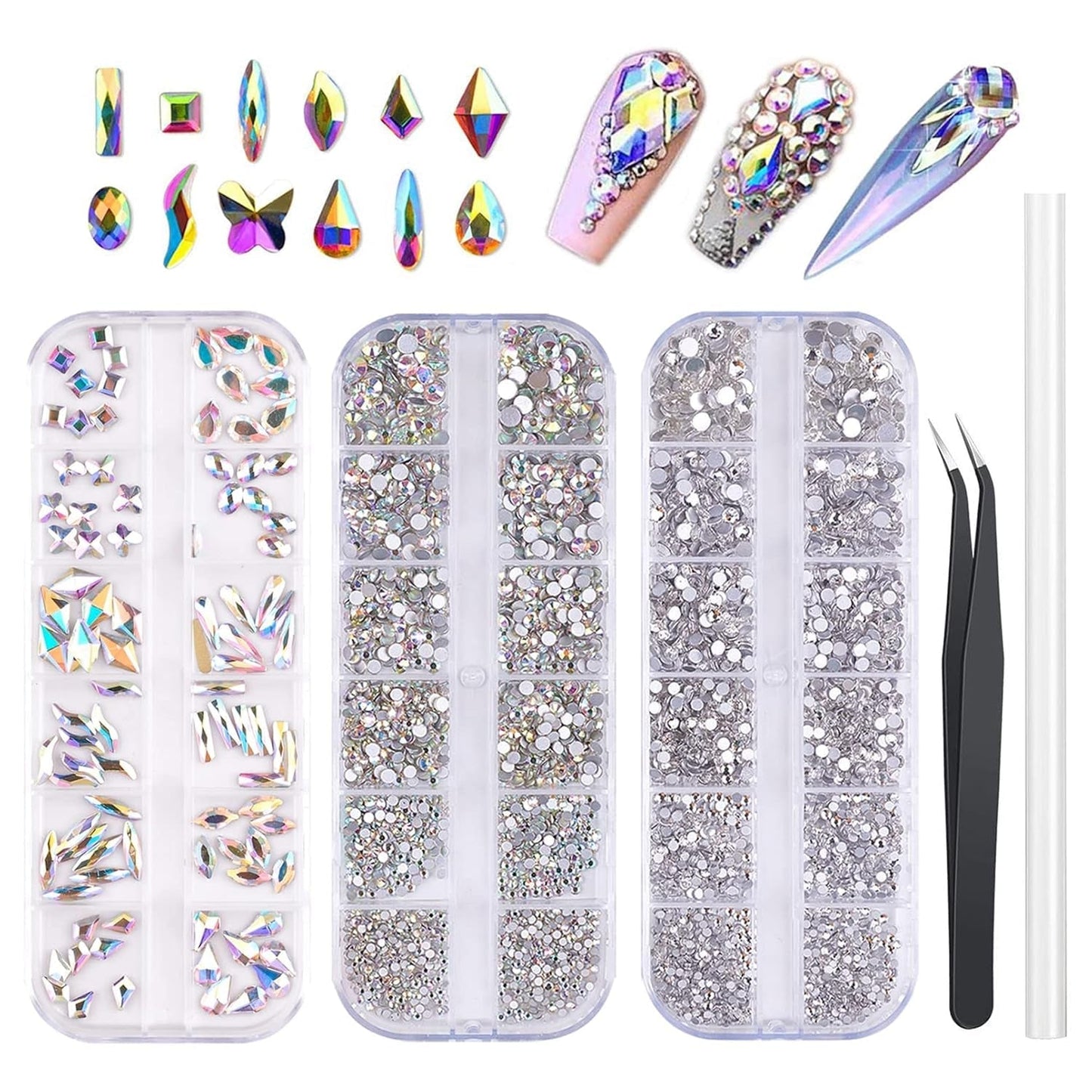 3200 Nail Stones Set FITDON Multi-Shaped Glass AB Stones og Clear Diamond Glitter AB Stones til Negle Art Decoration DIY Kits Smykker Nøgleringe Negle Accessories