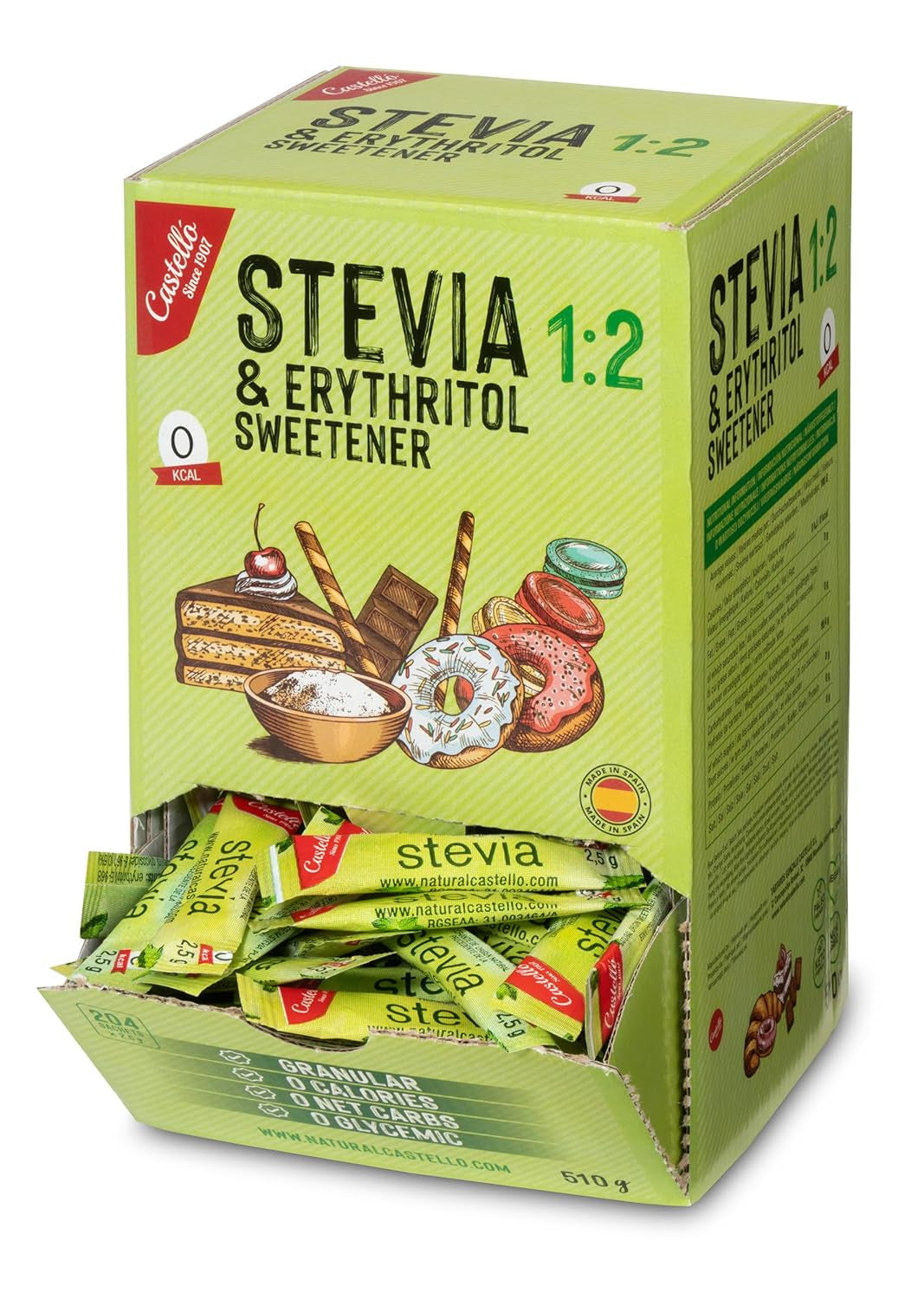 Stevia + Erythritol 1:2 Süßstoff | 204 Mytetaske 2,5 G | 100% Natürlicher Zuckerersatz - 0 Kalorien - 0 Glykämischer Index - Keto Und Paleo - 0 Kohlenhydrat - Kein GVO - Castello siden 1907-510 G Sweeteners Naty Shop Standardtitel