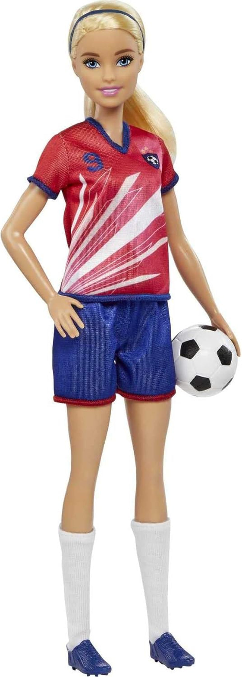 Barbie You Can Be Anything-serien, fodboldspiller, fodboldspiller med blond hår, rød og blå trøje, bold, tilbehør, dukke inkluderet, gave til 3 år og opefter, HCN17