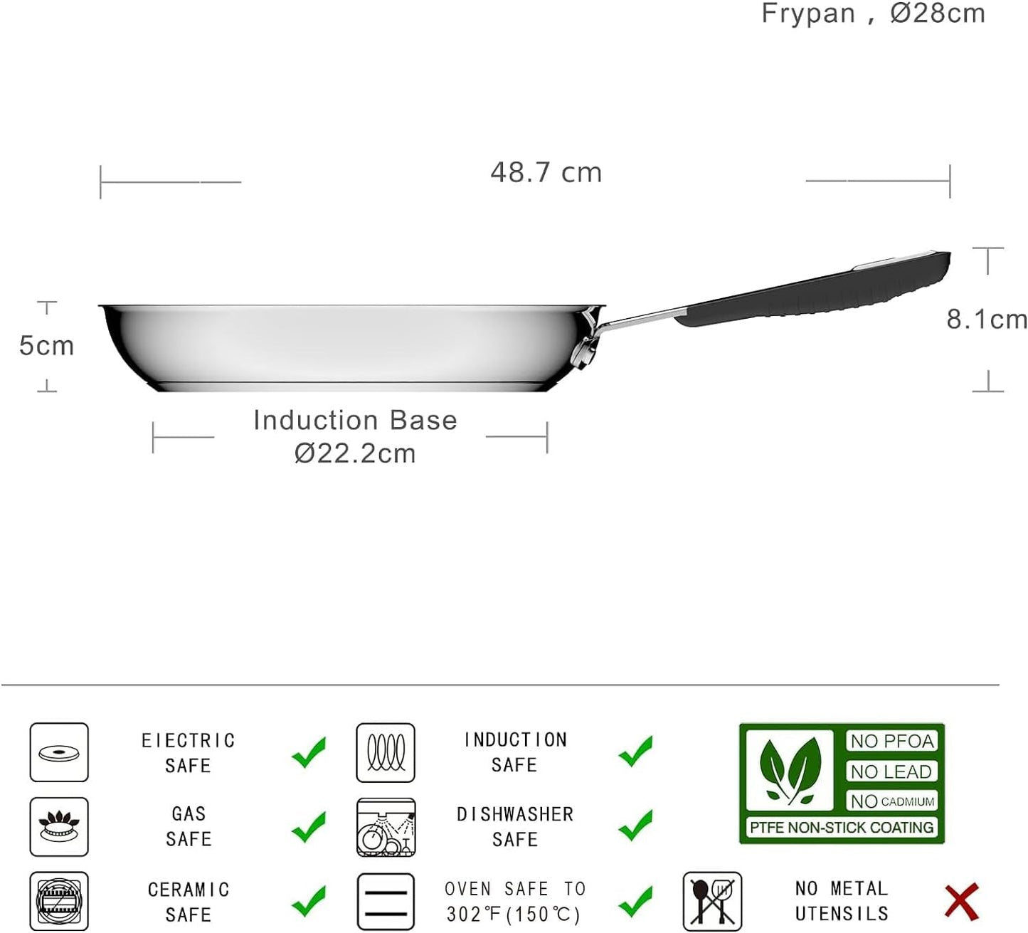 Pande i rustfrit stål med non-stick belægning - velegnet til induktion, med behageligt håndtag - 28 Cm Gryder og pander Naty Shop