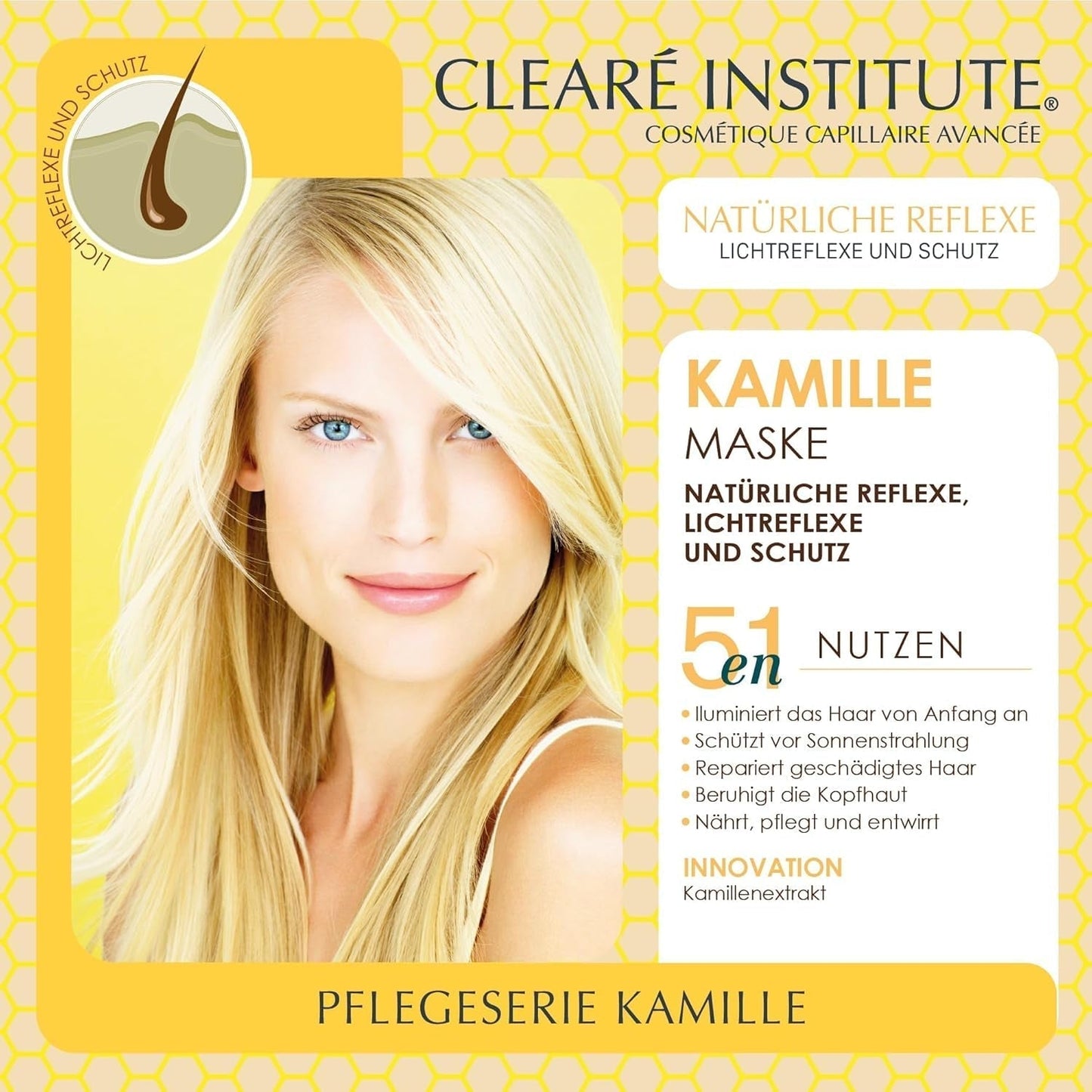Clearé Institute | Kamille maske | Nærer, betingelser og reder ud | Golden Shine and Shine | 97% naturlige ingredienser | Beroliger hovedbunden Med kamilleekstrakt |150 ml Naty Shop hårmaske