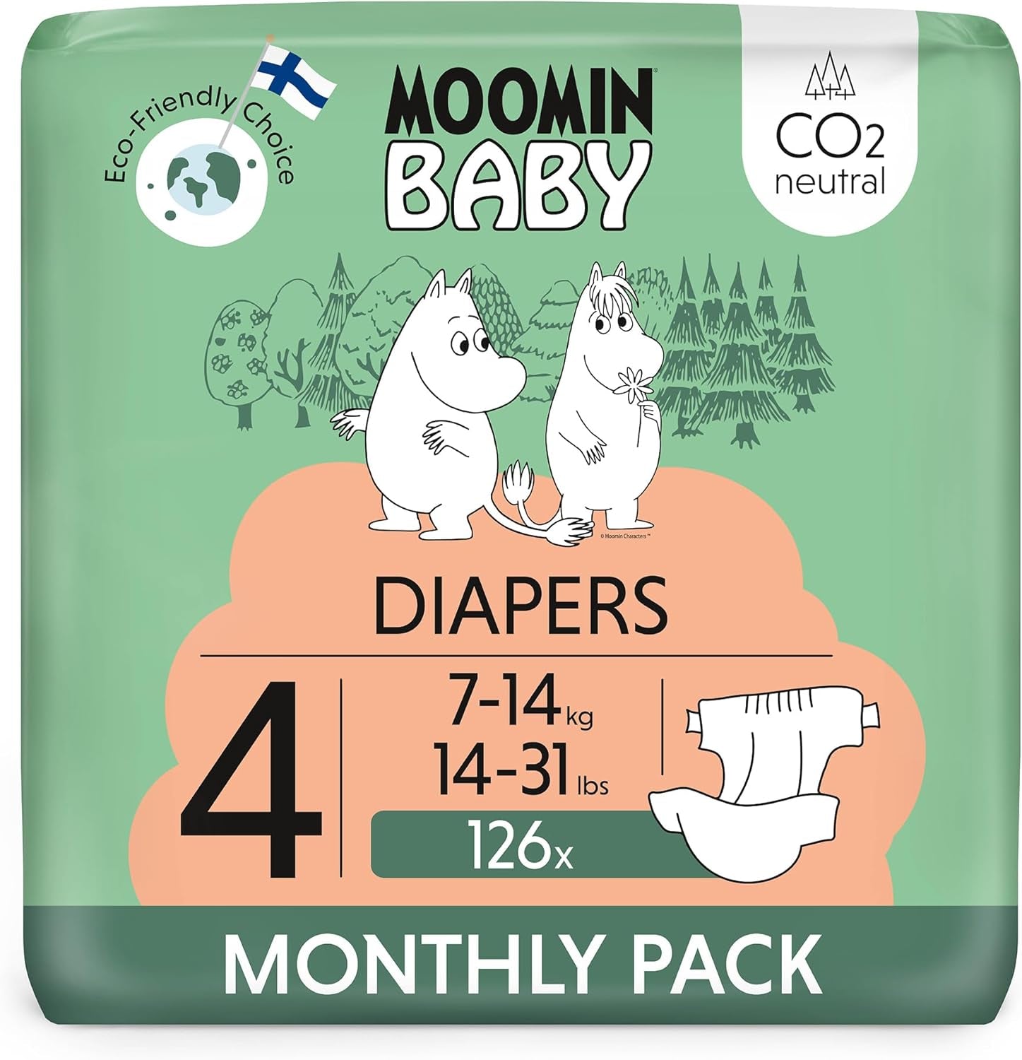Moomin Baby Eco bleer, str. 3, 5-8 kg, 48 stykker, Premium bløde bleer | Blød og hudvenlig, åndbar, absorberende, ingen unødvendige kemikalier |