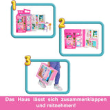 Barbie-Puppenhaus Spielset, Ferienhaus mit 4 Spielbereichen, darunter Küche, Badezimmer, Schlafzimmer und Lounge, 11 Deko-Zubehörteile, HRJ76