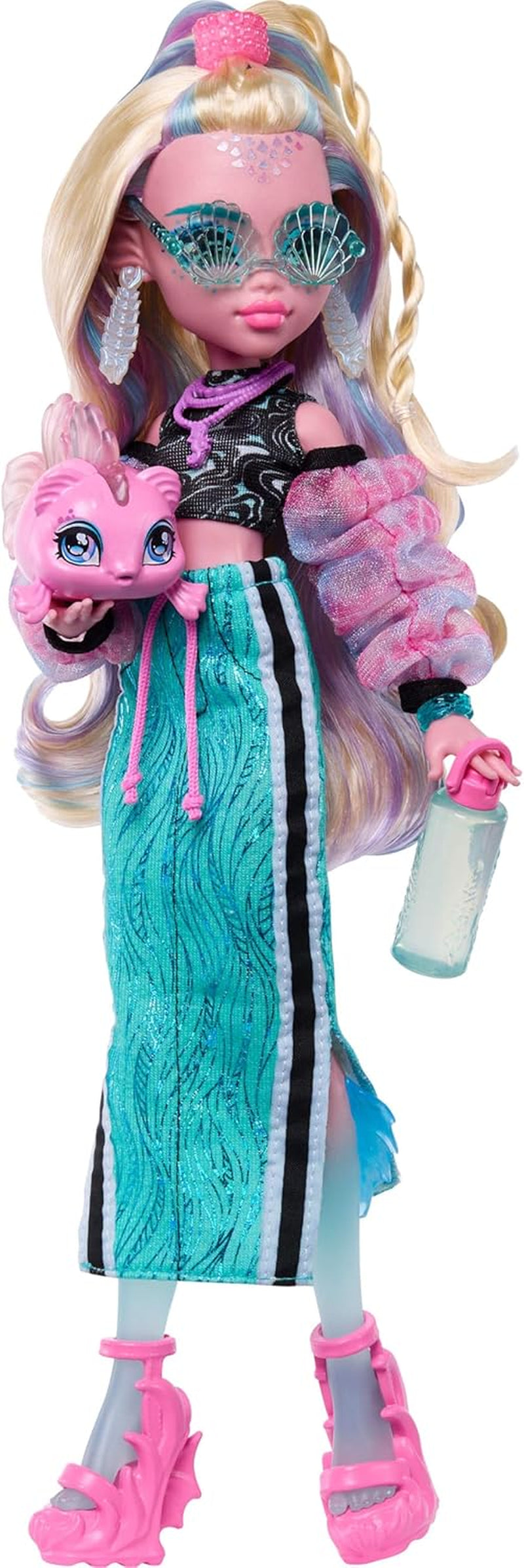 Monster High Lagoona Blue Neptuna Fish Short Top og Sports Maxi Skirt Doll med 7 tilbehør inklusive Shell-solbriller, snack og taske, JHK33