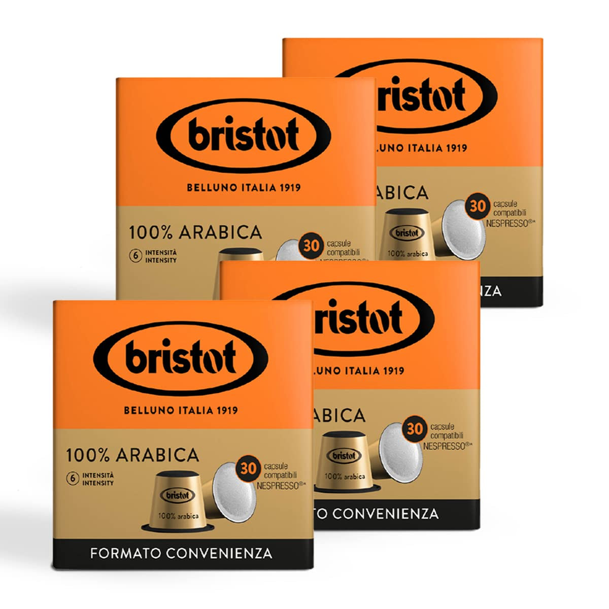 Bristot, 100 % Arabica-kaffe – 120 kapsler kompatible med Nespresso – Kaffeemischung aus Mittelamerika og Brasilien, Schokolade og Trockenfrüchtenoten – 4 pakker pr. 30 kapsler
