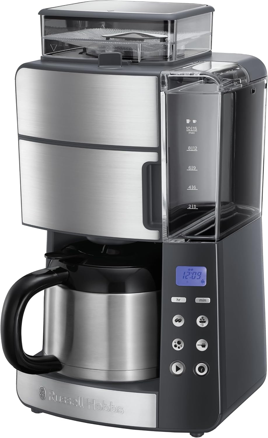 Russell Hobbs kaffemaskine med kværn og termisk karaffel [Digital timer, brusehoved for optimal udsugning og aroma] Grind&Brew (1-10 kopper, 3 maleindstillinger) Filterkaffemaskine 25620-56