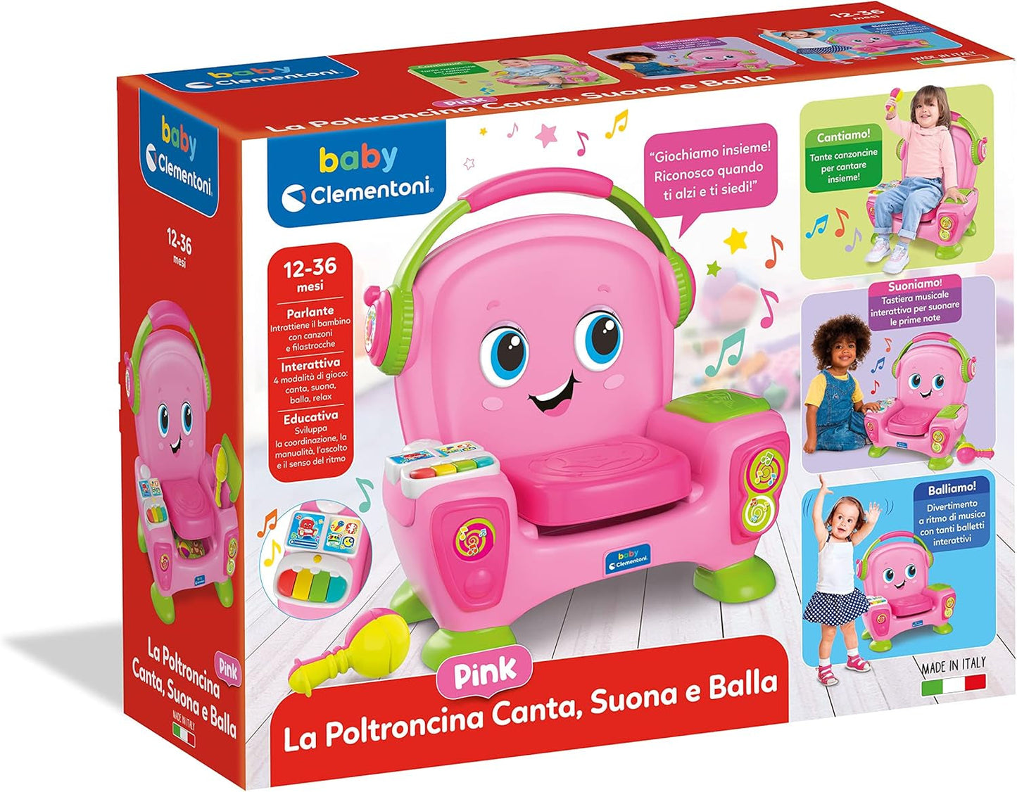Clementoni 17755 Syngende lænestol med lyserød lyd og dans - interaktiv og multifunktionel lænestol til børn på italiensk, legetøj 1 år - Made in Italy, flerfarvet Toys Bebe Naty Shop