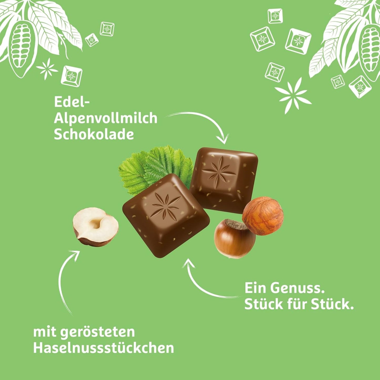 Schogetten Premium Alpine mælkechokolade med hasselnødder, 100 g chokoladebar, individuelt portioneret. En fryd. Stykke for stykke.